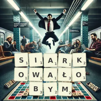 Kreatywna ilustracja do gry w Scrabble ze słowem SIARKOWAŁOBYM ułożonym z płytek na planszy.