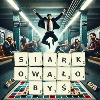Kreatywna ilustracja do gry w Scrabble ze słowem SIARKOWAŁOBYŚ ułożonym z płytek na planszy.