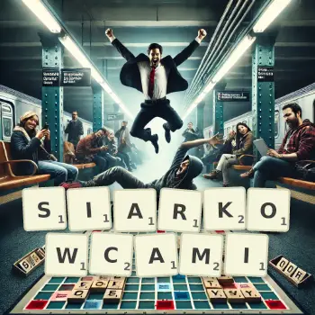 Kreatywna ilustracja do gry w Scrabble ze słowem SIARKOWCAMI ułożonym z płytek na planszy.