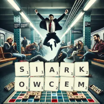 Kreatywna ilustracja do gry w Scrabble ze słowem SIARKOWCEM ułożonym z płytek na planszy.