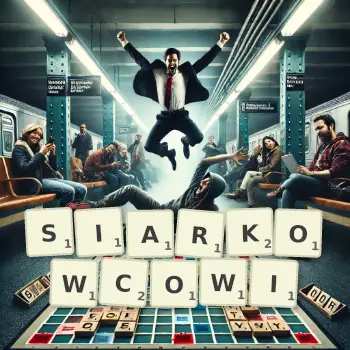 Kreatywna ilustracja do gry w Scrabble ze słowem SIARKOWCOWI ułożonym z płytek na planszy.