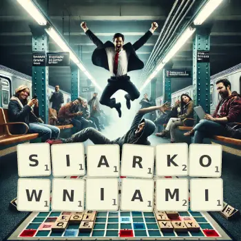 Kreatywna ilustracja do gry w Scrabble ze słowem SIARKOWNIAMI ułożonym z płytek na planszy.