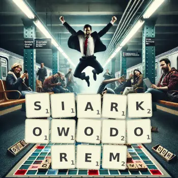 Kreatywna ilustracja do gry w Scrabble ze słowem SIARKOWODOREM ułożonym z płytek na planszy.