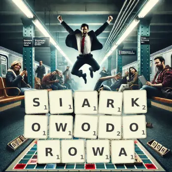 Kreatywna ilustracja do gry w Scrabble ze słowem SIARKOWODOROWA ułożonym z płytek na planszy.