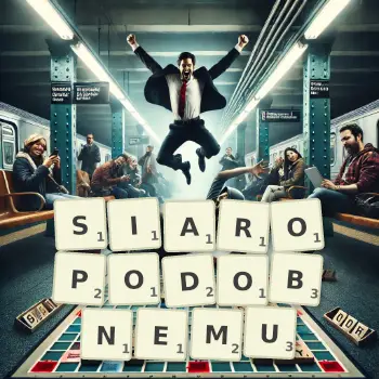 Kreatywna ilustracja do gry w Scrabble ze słowem SIAROPODOBNEMU ułożonym z płytek na planszy.