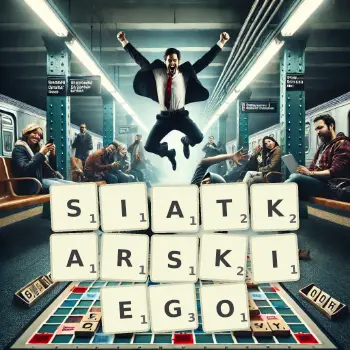 Kreatywna ilustracja do gry w Scrabble ze słowem SIATKARSKIEGO ułożonym z płytek na planszy.