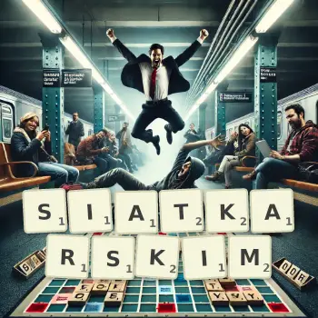 Kreatywna ilustracja do gry w Scrabble ze słowem SIATKARSKIM ułożonym z płytek na planszy.