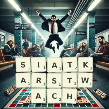 Kreatywna ilustracja do gry w Scrabble ze słowem SIATKARSTWACH ułożonym z płytek na planszy.