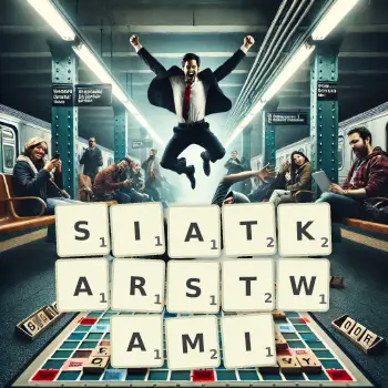 Kreatywna ilustracja do gry w Scrabble ze słowem SIATKARSTWAMI ułożonym z płytek na planszy.