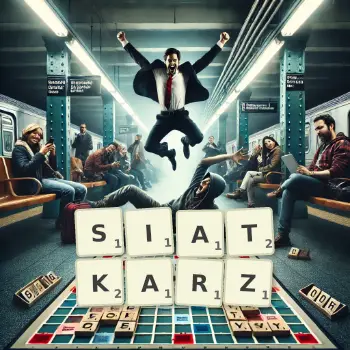 Kreatywna ilustracja do gry w Scrabble ze słowem SIATKARZ ułożonym z płytek na planszy.