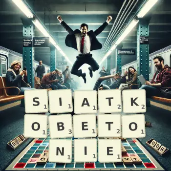 Kreatywna ilustracja do gry w Scrabble ze słowem SIATKOBETONIE ułożonym z płytek na planszy.