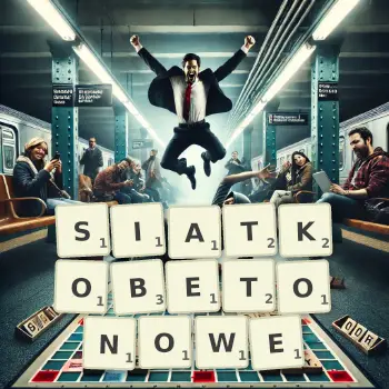 Kreatywna ilustracja do gry w Scrabble ze słowem SIATKOBETONOWE ułożonym z płytek na planszy.