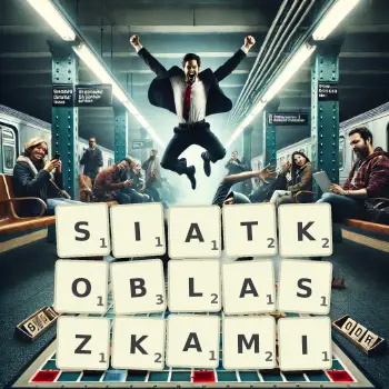 Kreatywna ilustracja do gry w Scrabble ze słowem SIATKOBLASZKAMI ułożonym z płytek na planszy.