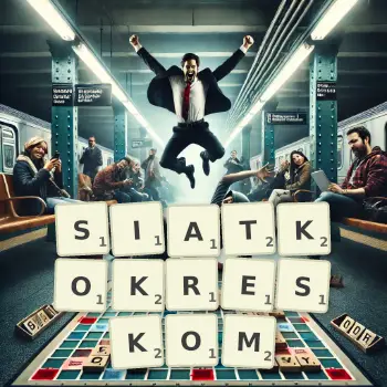 Kreatywna ilustracja do gry w Scrabble ze słowem SIATKOKRESKOM ułożonym z płytek na planszy.