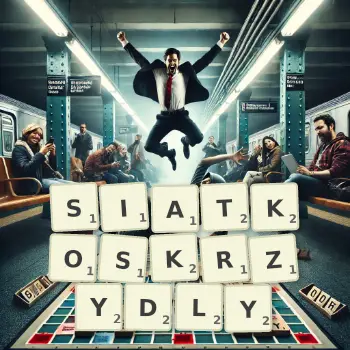 Kreatywna ilustracja do gry w Scrabble ze słowem SIATKOSKRZYDLY ułożonym z płytek na planszy.