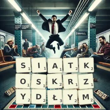 Kreatywna ilustracja do gry w Scrabble ze słowem SIATKOSKRZYDŁYM ułożonym z płytek na planszy.
