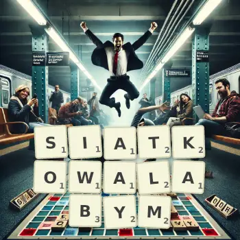 Kreatywna ilustracja do gry w Scrabble ze słowem SIATKOWALABYM ułożonym z płytek na planszy.