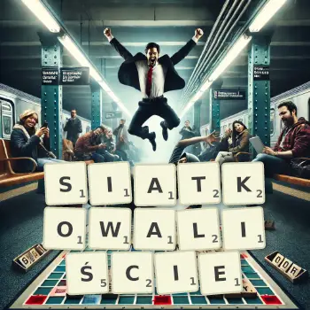 Kreatywna ilustracja do gry w Scrabble ze słowem SIATKOWALIŚCIE ułożonym z płytek na planszy.