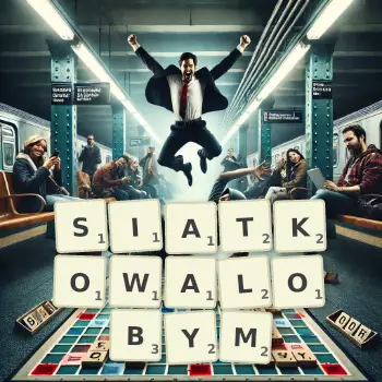 Kreatywna ilustracja do gry w Scrabble ze słowem SIATKOWALOBYM ułożonym z płytek na planszy.