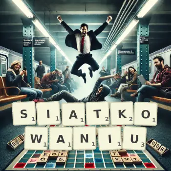 Kreatywna ilustracja do gry w Scrabble ze słowem SIATKOWANIU ułożonym z płytek na planszy.