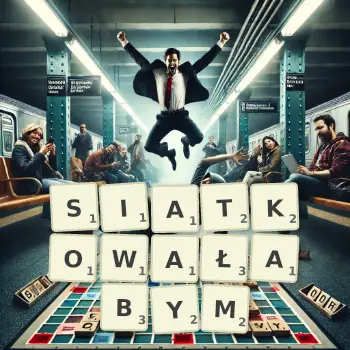 Kreatywna ilustracja do gry w Scrabble ze słowem SIATKOWAŁABYM ułożonym z płytek na planszy.