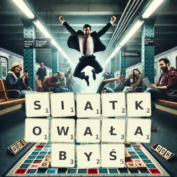 Kreatywna ilustracja do gry w Scrabble ze słowem SIATKOWAŁABYŚ ułożonym z płytek na planszy.