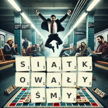 Kreatywna ilustracja do gry w Scrabble ze słowem SIATKOWAŁYŚMY ułożonym z płytek na planszy.