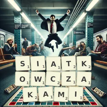 Kreatywna ilustracja do gry w Scrabble ze słowem SIATKOWCZAKAMI ułożonym z płytek na planszy.