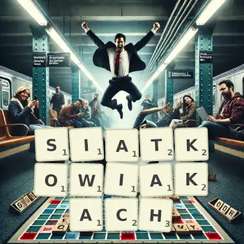 Kreatywna ilustracja do gry w Scrabble ze słowem SIATKOWIAKACH ułożonym z płytek na planszy.