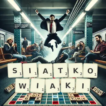 Kreatywna ilustracja do gry w Scrabble ze słowem SIATKOWIAKI ułożonym z płytek na planszy.