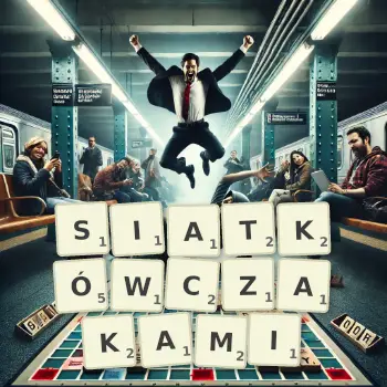 Kreatywna ilustracja do gry w Scrabble ze słowem SIATKÓWCZAKAMI ułożonym z płytek na planszy.