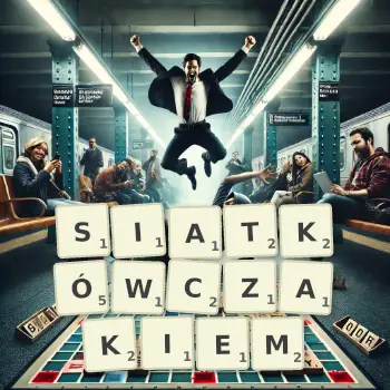 Kreatywna ilustracja do gry w Scrabble ze słowem SIATKÓWCZAKIEM ułożonym z płytek na planszy.
