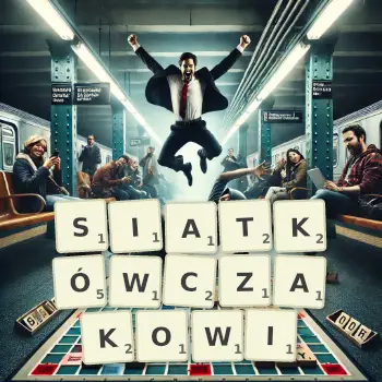 Kreatywna ilustracja do gry w Scrabble ze słowem SIATKÓWCZAKOWI ułożonym z płytek na planszy.