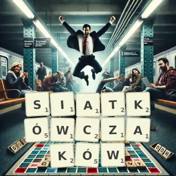 Kreatywna ilustracja do gry w Scrabble ze słowem SIATKÓWCZAKÓW ułożonym z płytek na planszy.