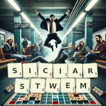 Kreatywna ilustracja do gry w Scrabble ze słowem SICIARSTWEM ułożonym z płytek na planszy.