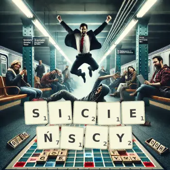 Kreatywna ilustracja do gry w Scrabble ze słowem SICIEŃSCY ułożonym z płytek na planszy.