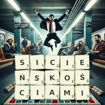 Kreatywna ilustracja do gry w Scrabble ze słowem SICIEŃSKOŚCIAMI ułożonym z płytek na planszy.