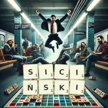 Kreatywna ilustracja do gry w Scrabble ze słowem SICIŃSKI ułożonym z płytek na planszy.