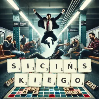 Kreatywna ilustracja do gry w Scrabble ze słowem SICIŃSKIEGO ułożonym z płytek na planszy.