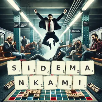Kreatywna ilustracja do gry w Scrabble ze słowem SIDEMANKAMI ułożonym z płytek na planszy.