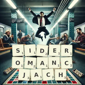 Kreatywna ilustracja do gry w Scrabble ze słowem SIDEROMANCJACH ułożonym z płytek na planszy.