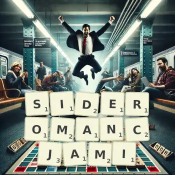 Kreatywna ilustracja do gry w Scrabble ze słowem SIDEROMANCJAMI ułożonym z płytek na planszy.