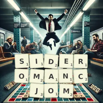 Kreatywna ilustracja do gry w Scrabble ze słowem SIDEROMANCJOM ułożonym z płytek na planszy.