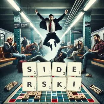 Kreatywna ilustracja do gry w Scrabble ze słowem SIDERSKI ułożonym z płytek na planszy.