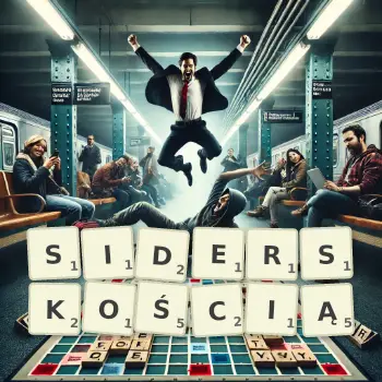 Kreatywna ilustracja do gry w Scrabble ze słowem SIDERSKOŚCIĄ ułożonym z płytek na planszy.