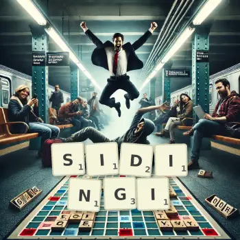 Kreatywna ilustracja do gry w Scrabble ze słowem SIDINGI ułożonym z płytek na planszy.