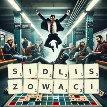 Kreatywna ilustracja do gry w Scrabble ze słowem SIDLISZOWACI ułożonym z płytek na planszy.