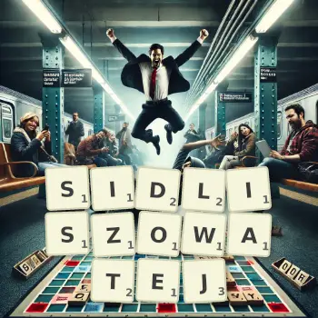 Kreatywna ilustracja do gry w Scrabble ze słowem SIDLISZOWATEJ ułożonym z płytek na planszy.