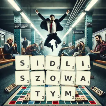 Kreatywna ilustracja do gry w Scrabble ze słowem SIDLISZOWATYM ułożonym z płytek na planszy.