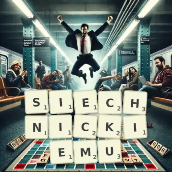 Kreatywna ilustracja do gry w Scrabble ze słowem SIECHNICKIEMU ułożonym z płytek na planszy.